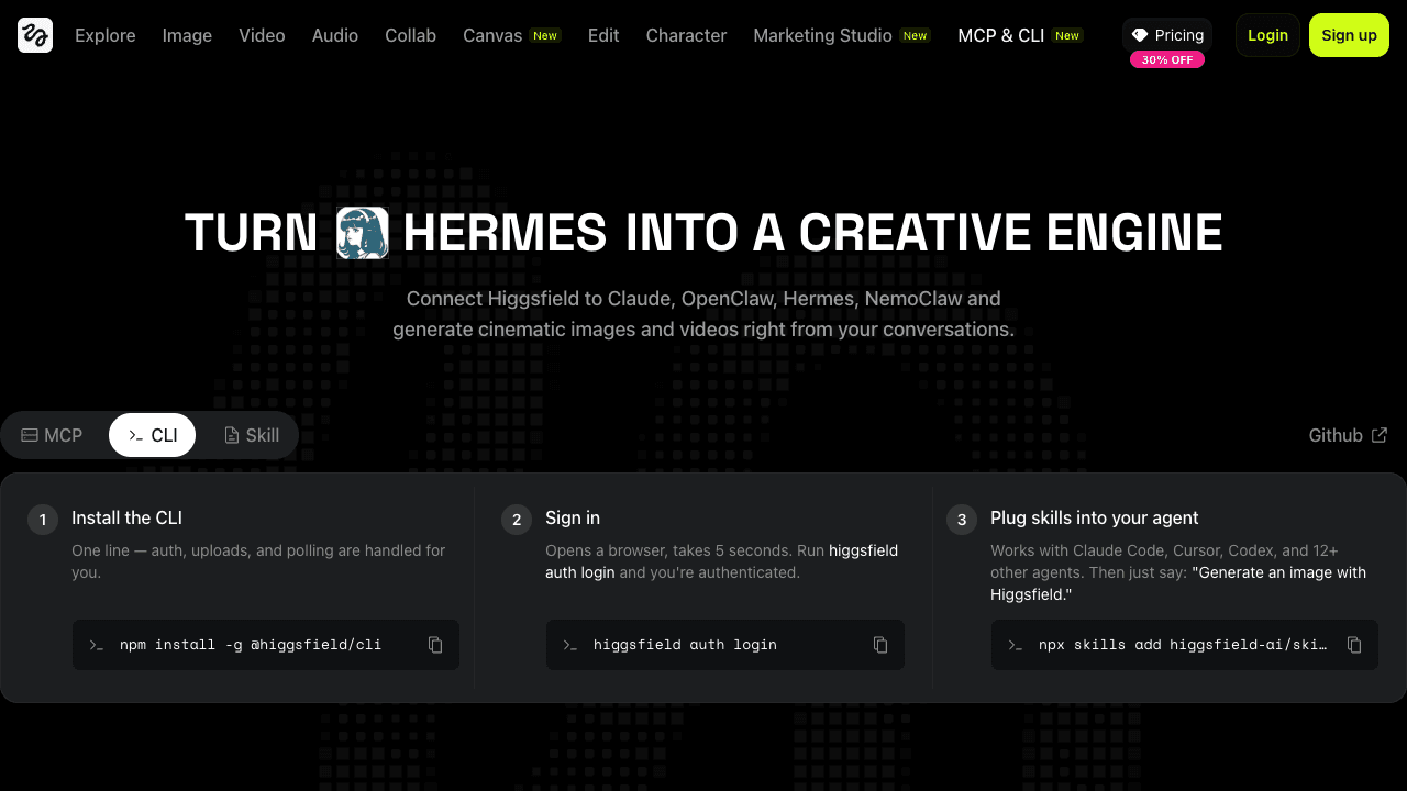 HiggsField CLI setup showing 3 steps to generate UGC videos with Claude Code: npm install, auth login, and skills add