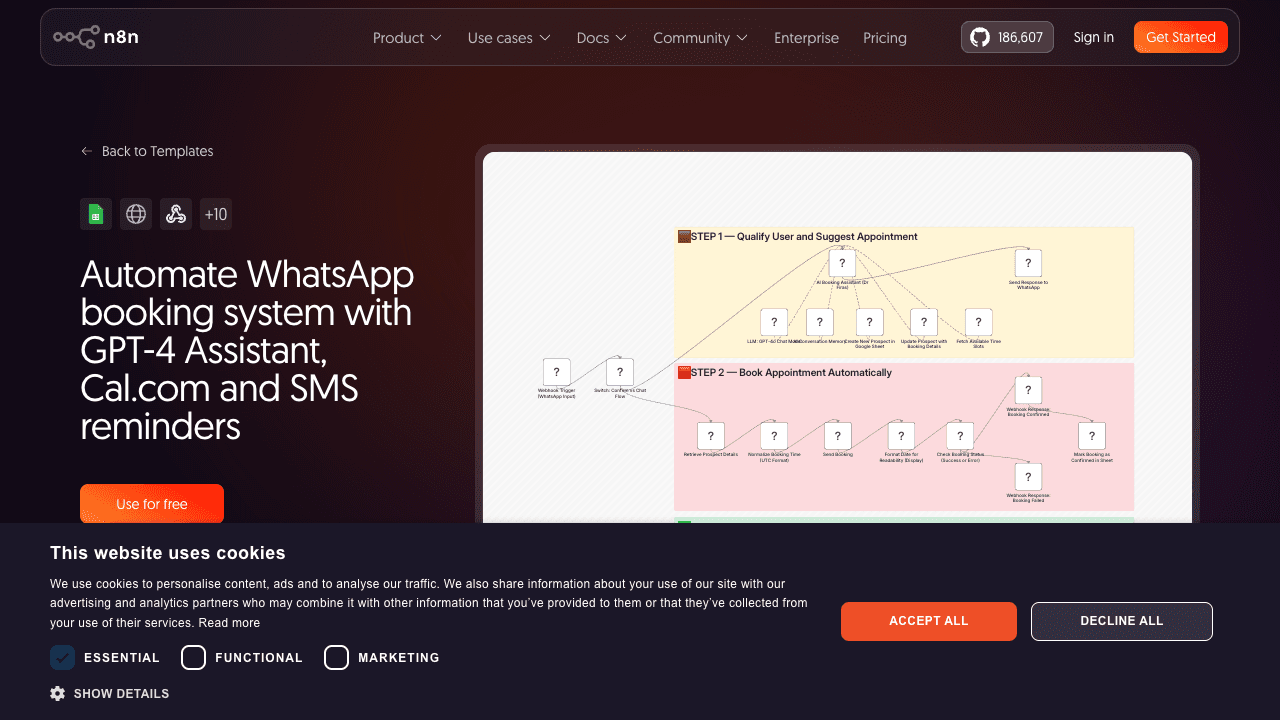 n8n workflow canvas for AI booking bot showing Step 1 (qualify user and suggest appointment) and Step 2 (book appointment automatically) connected nodes